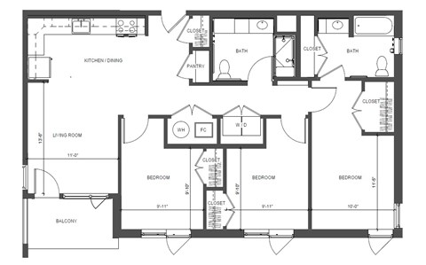 Floor plan for 3 beds, 2 baths, 1109 sqft